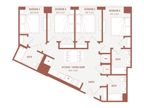 Floor plan for 4 beds, 3 baths, 298 sqft